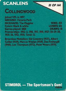 1988 Scanlens VFL #111 Collingwood Magpies Back